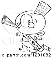Black And White Cartoon New Year Baby Blowing A Horn Wearing A Top Hat And A Banner