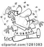 Poster, Art Print Of Black And White Cartoon Festive Man Blowing A Noise Maker And Jumping In Confetti On New Years