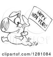 Cartoon Clipart Of A Black And White Cartoon Pig Running With A Happy New Year Sign Royalty Free Vector Illustration