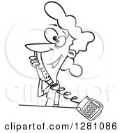 Cartoon Clipart Of A Black And White Cartoon Happy Woman Talking On A Landline Telephone Royalty Free Vector Illustration by toonaday