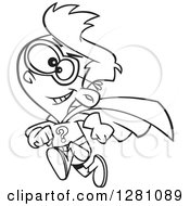 Cartoon Clipart Of A Black And White Cartoon Question Super Hero Boy Running Royalty Free Vector Illustration