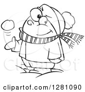 Black And White Cartoon Mischievous Boy Tossing And Catching A Snowball