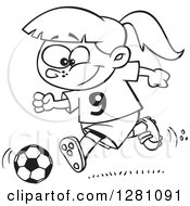 Poster, Art Print Of Black And White Cartoon Happy Little Girl Playing Soccer