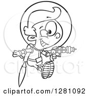 Cartoon Clipart Of A Black And White Cartoon Happy Space Boy Flying With A Jet Pack And Ray Gun Royalty Free Vector Illustration