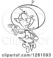 Black And White Cartoon Happy Little Space Girl Flying And Holding A Ray Gun