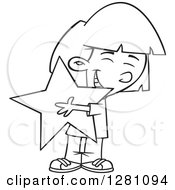 Poster, Art Print Of Black And White Cartoon Happy Little Girl Hugging A Star