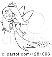 Black And White Cartoon Happy Tooth Fairy Girl Flying With A Wand