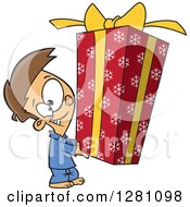 Poster, Art Print Of Cartoon Happy Brunette Caucasian Boy Holding A Big Christmas Gift