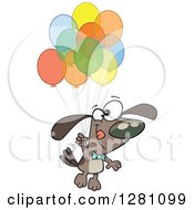 Poster, Art Print Of Cartoon Happy Brown Dog Floating With A Bunch Of Party Balloons