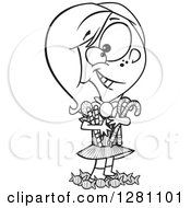 Cartoon Clipart Of A Black And White Happy Little Girl Hugging And Standing In Her Candy Stash Royalty Free Vector Illustration