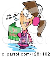 Cartoon Clipart Of A Festive Brunette White Girl Singing Christmas Carols Royalty Free Vector Illustration by toonaday