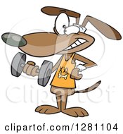 Poster, Art Print Of Cartoon Happy Brown Dog Working Out With A Dumbbell