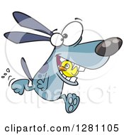 Cartoon Happy Blue Dog Fetching A Duck