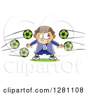 Cartoon Nervous Goal Tender Caucasian Boy With Soccer Balls Flying At Him