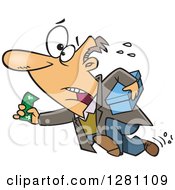 Poster, Art Print Of Cartoon Last Minute Caucasian Man Running With Cash And A Box
