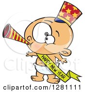 Cartoon Caucasian New Year Baby Blowing A Horn Wearing A Top Hat And A Banner