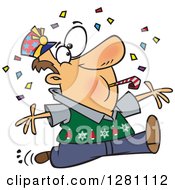 Cartoon Festive Brunette Caucasian Man Blowing A Noise Maker And Jumping In Confetti On New Years
