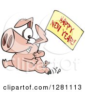 Cartoon Pig Running With A Happy New Year Sign