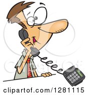 Cartoon Happy Caucasian Business Man Talking On A Landline Telephone