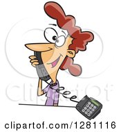Cartoon Clipart Of A Happy Caucasian Woman Talking On A Landline Telephone Royalty Free Vector Illustration