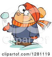 Cartoon Mischievous White Boy Tossing And Catching A Snowball