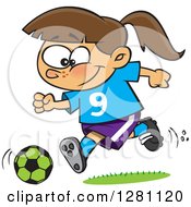 Poster, Art Print Of Cartoon Happy Brunette Caucasian Girl Playing Soccer