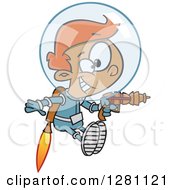 Cartoon Clipart Of A Happy Red Haired Caucasian Space Boy Flying With A Jet Pack And Ray Gun Royalty Free Vector Illustration