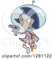 Cartoon Happy Little Space Girl Flying And Holding A Ray Gun