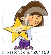 Poster, Art Print Of Cartoon Happy Brunette Caucasian Girl Hugging A Star