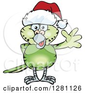 Poster, Art Print Of Friendly Waving Green Budgie Parakeet Bird Wearing A Christmas Santa Hat