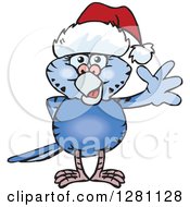 Clipart Of A Friendly Waving Dark Blue Budgie Parakeet Bird Wearing A Christmas Santa Hat Royalty Free Vector Illustration