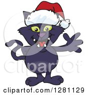 Clipart Of A Friendly Waving Black Cat Wearing A Christmas Santa Hat Royalty Free Vector Illustration