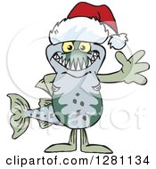 Poster, Art Print Of Friendly Waving Barracuda Fish Wearing A Christmas Santa Hat