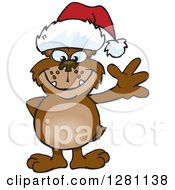 Poster, Art Print Of Friendly Waving Bear Wearing A Christmas Santa Hat