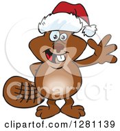 Poster, Art Print Of Friendly Waving Beaver Wearing A Christmas Santa Hat