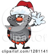 Poster, Art Print Of Friendly Waving Ladybug Wearing A Christmas Santa Hat