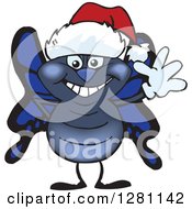 Friendly Waving Blue Butterfly Wearing A Christmas Santa Hat