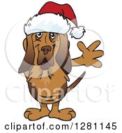 Friendly Waving Bloodhound Dog Wearing A Christmas Santa Hat