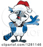 Poster, Art Print Of Friendly Waving Blue Jay Bird Wearing A Christmas Santa Hat