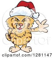 Poster, Art Print Of Friendly Waving Bobcat Wearing A Christmas Santa Hat