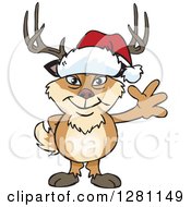 Poster, Art Print Of Friendly Waving Buck Deer Wearing A Christmas Santa Hat