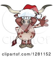 Poster, Art Print Of Friendly Waving Longhorn Bull Wearing A Christmas Santa Hat