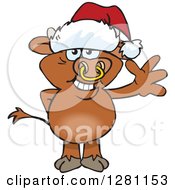 Poster, Art Print Of Friendly Waving Bull Wearing A Christmas Santa Hat