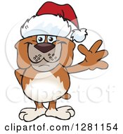 Poster, Art Print Of Friendly Waving Brown Bulldog Wearing A Christmas Santa Hat