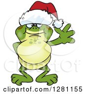 Poster, Art Print Of Friendly Waving Bullfrog Wearing A Christmas Santa Hat