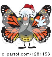 Clipart Of A Friendly Waving Monarch Butterfly Wearing A Christmas Santa Hat Royalty Free Vector Illustration by Dennis Holmes Designs