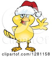 Poster, Art Print Of Friendly Waving Yellow Canary Bird Wearing A Christmas Santa Hat
