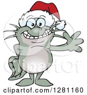 Clipart Of A Friendly Waving Catfish Wearing A Christmas Santa Hat Royalty Free Vector Illustration by Dennis Holmes Designs