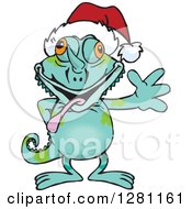 Poster, Art Print Of Friendly Waving Chameleon Lizard Wearing A Christmas Santa Hat