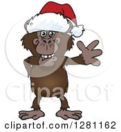 Clipart Of A Friendly Waving Chimpanzee Wearing A Christmas Santa Hat Royalty Free Vector Illustration